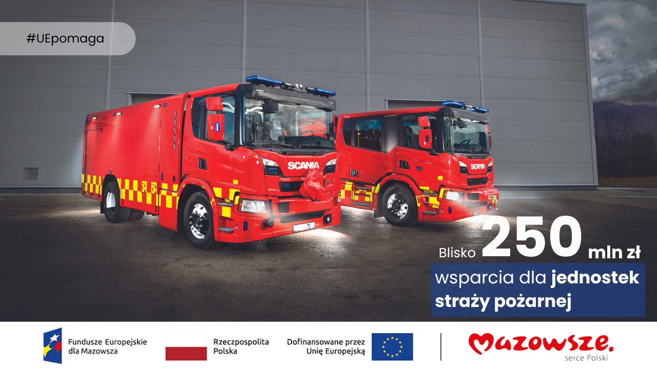 W lewym górnym rogu #UEpomaga. W centrum dwa samochody strażackie, a w samym dole po prawej stronienapis: "Blisko 250 ml zł wsparcia dla jednostek straży pożarnej".