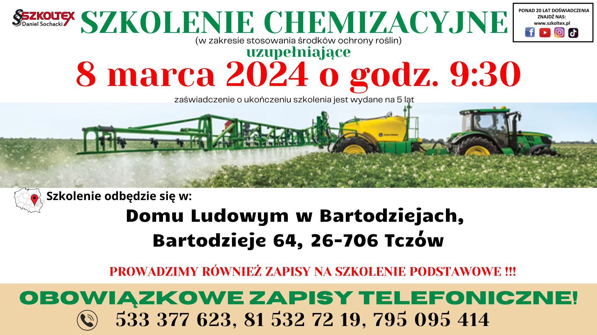 Szkolenie chemizacyjne 8 marca 2024 r. w Domu Ludowym w Bartodziejach, Bartodzieje 64, 26-706 Tczów. W tle traktor z opryskiwaczem na polu.